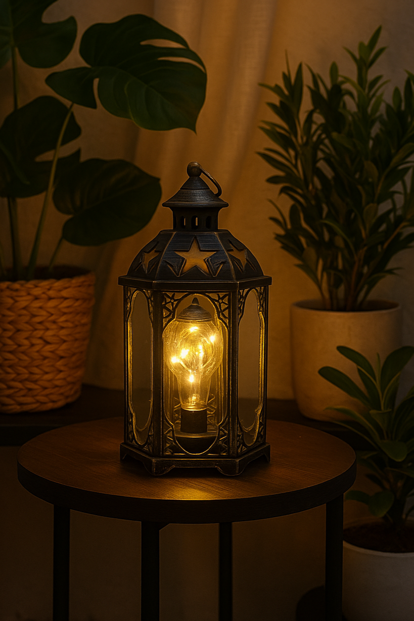 Image Alt Text: Star-cut retro lantern lamp with warm glowing bulb for vintage home decor