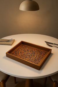 Wooden decorative serving tray with floral mandala cutwork – 16×12 inch