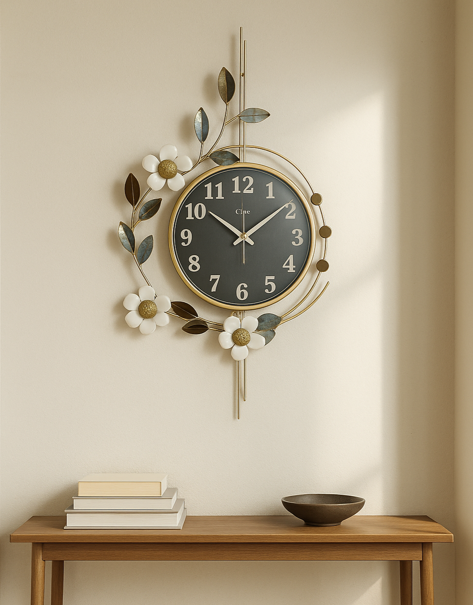 Elegant floral wall clock with golden frame and resin flowers for modern home decor