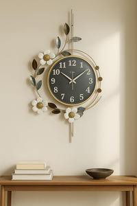 Large floral metal wall clock with golden frame and black dial – decorative home décor piece