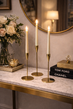 Load image into Gallery viewer, Set of 3 Gold Metal Taper Candle Holders – 13/11/9 Inch Modern Minimalist Stand for Table Decor
