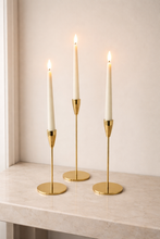 Load image into Gallery viewer, Set of 3 Gold Metal Taper Candle Holders – 13/11/9 Inch Modern Minimalist Stand for Table Decor
