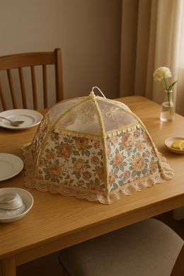 Floral lace mesh food cover umbrella on a wooden dining table