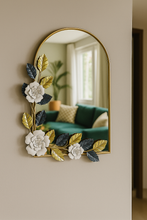 Load image into Gallery viewer, Elegant Arched Wall Mirror with White &amp; Gold Floral Metal Frame – Luxury Home Accent
