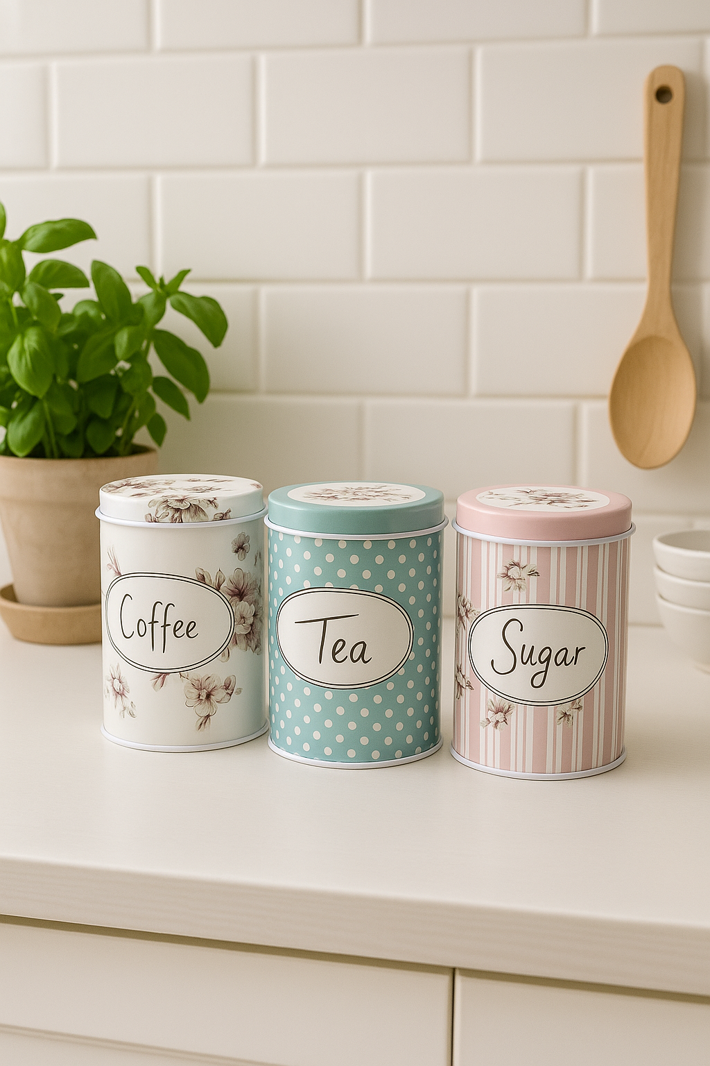 Pastel coffee, tea, sugar tin canister set with floral and polka designs – MetaphorBD kitchen storage jars
