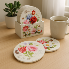 Load image into Gallery viewer, ☕ Vintage Floral Wooden Coaster Set (6 pcs with Holder)
