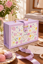 Load image into Gallery viewer, Lavender floral jewellery and keepsake storage box with butterfly artwork, decorative closure and top handle, 12 × 7 × 4 inches – Metaphor BD
