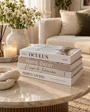 Load image into Gallery viewer, 4 piece neutral decorative fake book set 11x7 inch displayed vertically on modern bookshelf with marble bookend

