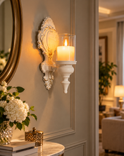 Load image into Gallery viewer, Ivory vintage ornate wall candle sconce with clear glass hurricane, 11 × 5.5 × 5 inch, MetaphorBD
