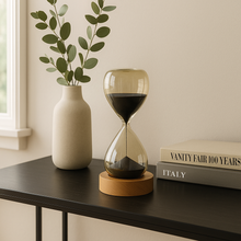 Load image into Gallery viewer, Wooden hourglass sand timer with black sand for home and office decor
