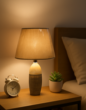 Load image into Gallery viewer, Modern bedside table lamp with ceramic base and fabric shade
