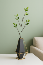 Load image into Gallery viewer, Modern Metal Vase with Artificial Flower – Geometric Black &amp; Gold Design
