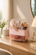 Load image into Gallery viewer, Pink covered makeup and jewellery organizer with transparent dust-protective lid and lower storage drawer on vanity table – MetaphorBD
