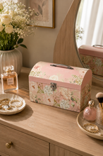 Load image into Gallery viewer, Pink floral keepsake storage box open showing jewellery inside on dressing table – MetaphorBD
