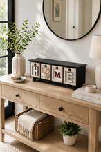 Load image into Gallery viewer, HOME decorative storage cabinet organizer on light oak console table beside round mirror and white vase – MetaphorBD
