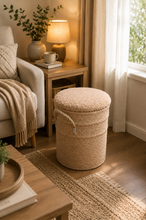 Load image into Gallery viewer, Beige bouclé storage basket open with blanket inside beside wardrobe mirror – MetaphorBD
