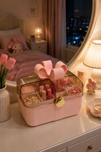 Load image into Gallery viewer, Bow Belle white portable makeup organizer with transparent lid and bow handle on vanity dressing table – MetaphorBD

