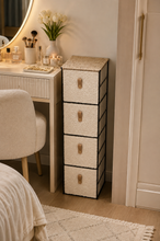 Load image into Gallery viewer, Teddy Soft slim four-drawer storage tower beside vanity dressing table in warm bedroom – MetaphorBD
