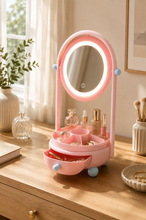 Load image into Gallery viewer, Beige Lumi LED vanity mirror and makeup organizer with touch-controlled oval mirror, divided tray and pull-out storage drawer, measuring 23 × 11.5 × 10 inches.
