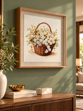 Load image into Gallery viewer, Daisy Basket wooden framed floral wall art displayed on a green wall above a console.

