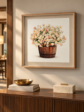 Load image into Gallery viewer, Blush Garden pink and white floral wall art in a wooden frame above an entryway console.
