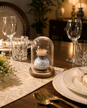 Load image into Gallery viewer, Decorative 5 × 4 inch glass dome toothpick holder with patterned ceramic pot and wooden base.
