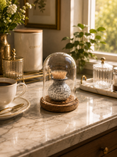 Load image into Gallery viewer, Decorative 5 × 4 inch glass dome toothpick holder with patterned ceramic pot and wooden base.
