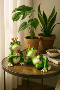 Frog prince couple figurine set with roses and crowns for home decor