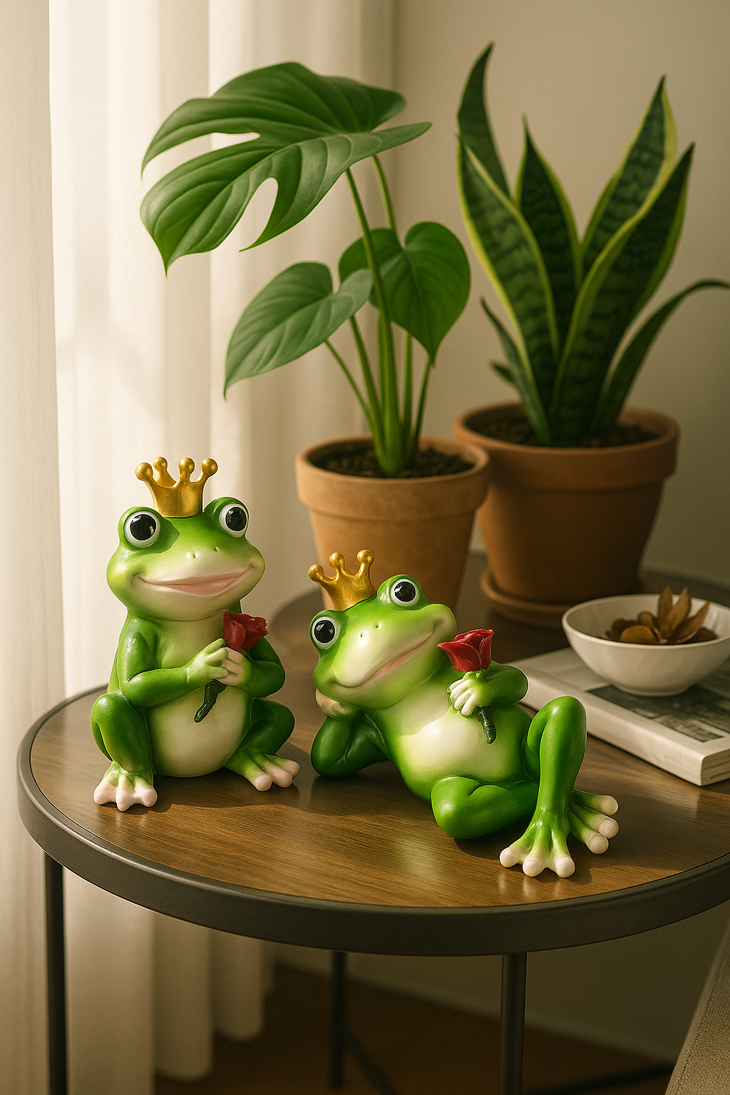 Frog prince couple figurine set with roses and crowns for home decor