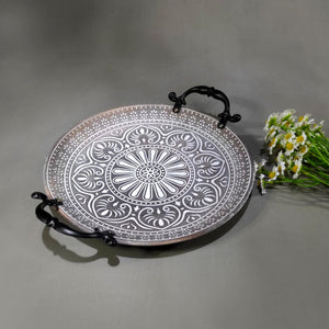 Wooden decorative tray with floral mandala design and black handles – home décor serving tray