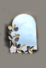 Load image into Gallery viewer, Elegant Arched Wall Mirror with White &amp; Gold Floral Metal Frame – Luxury Home Accent

