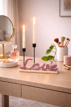 Load image into Gallery viewer, LOVE decorative candle holder with two candles on vanity table
