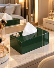 Load image into Gallery viewer, Luxury glass tissue box with white and gold floral accent, approximately 10 x 5.5 x 5 inches
