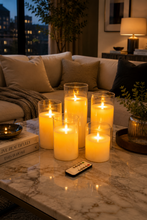 Load image into Gallery viewer, Luxury 5-piece LED flameless candle set with real wax candles in glass holders and remote control featuring 8, 7, 6, 5, and 4 inch heights with 3 inch diameter
