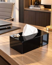 Load image into Gallery viewer, Luxury glass tissue box with white and gold floral accent, approximately 10 x 5.5 x 5 inches
