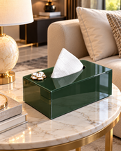 Load image into Gallery viewer, Luxury glass tissue box with white and gold floral accent, approximately 10 x 5.5 x 5 inches
