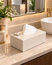 Load image into Gallery viewer, Luxury glass tissue box with white and gold floral accent, approximately 10 x 5.5 x 5 inches
