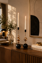 Load image into Gallery viewer, Luxury black and gold metal taper candle holder set for dining table centerpiece and modern home décor.
