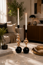 Load image into Gallery viewer, Luxury black and gold metal taper candle holder set for dining table centerpiece and modern home décor.1
