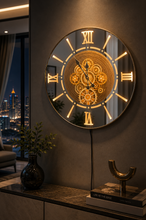 Load image into Gallery viewer, Luxury illuminated mechanical wall clock with glowing Roman numerals and modern gear design
