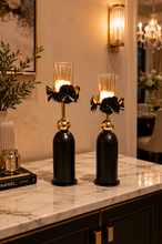Load image into Gallery viewer, Luxury metal and glass candle holder set with included candles featuring 14 inch and 13 inch tall decorative holders for table centerpiece decor
