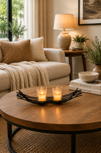 Load image into Gallery viewer, Modern black metal candle holder centerpiece with two glass candle holders on dining table
