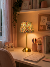 Load image into Gallery viewer, Modern decorative bedside table lamp with brushed gold metal base and colorful artistic fabric lampshade measuring 11.5 x 5.5 inches
