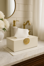 Load image into Gallery viewer, Modern glass tissue box with gold accent — elegant bathroom &amp; vanity decor from MetaphorBD.”
