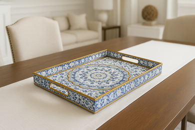 “Mosaic-pattern blue and gold decorative tray on dining table – MetaphorBD home décor.