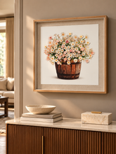 Load image into Gallery viewer, Blush Garden wooden framed floral wall art featuring soft pink and white flowers in a wooden planter.
