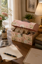 Load image into Gallery viewer, Pink floral decorative keepsake and memory storage box with curved lid open on study desk – MetaphorBD
