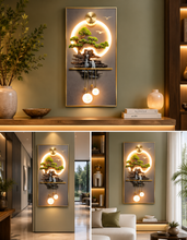 Load image into Gallery viewer, Premium 40x20 inch LED bonsai waterfall wall art with illuminated halo, hanging globe lights, gold metal frame, and modern luxury interior décor for living room.1
