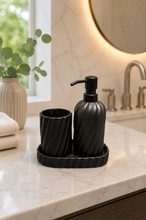 Load image into Gallery viewer, Premium matte black resin bathroom accessories set with 250 ml soap dispenser, toothbrush holder and organizer tray for modern luxury bathroom countertop décor.
