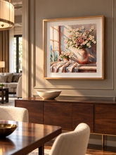 Load image into Gallery viewer, Window Blooms framed floral artwork showing pink and white flowers in a vase beside a sunlit window, styled in a dining room.
